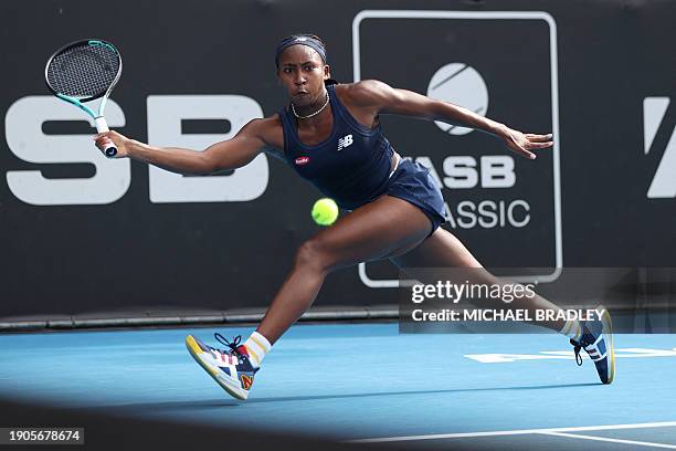 S Coco Gauff hits a return against Ukraine's Elina Svitolina during the women's singles final at the Auckland Classic tennis tournament in Auckland...