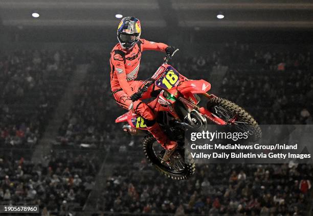 Anaheim, CA Jett Lawrence celebrates after taking the checkered flag to win the 450SX Main Event during round 1 of the Monster Energy AMA Supercross...