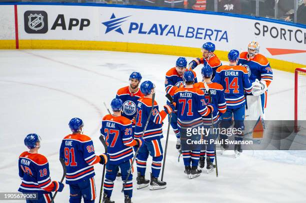 The Edmonton Oilers celebrate after their win over the Ottawa Senators at Rogers Place on January 06, 2024 in Edmonton, Alberta, Canada.