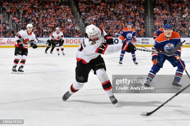 Zack MacEwen of the Ottawa Senators takes a shot during the game against the Edmonton Oilers at Rogers Place on January 06 in Edmonton, Alberta,...