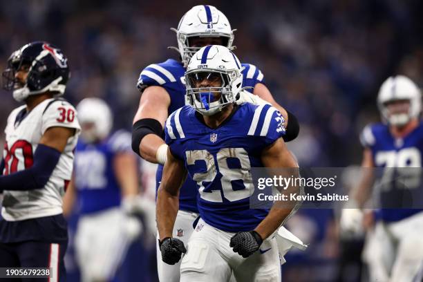 Jonathan Taylor of the Indianapolis Colts celebrates after a play during the third quarter of an NFL football game against the Houston Texans at...