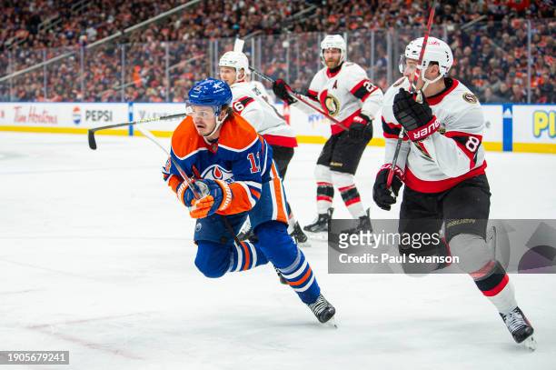 Mattias Janmark of the Edmonton Oilers skates towards the puck during the first period against the Ottawa Senators at Rogers Place on January 06,...