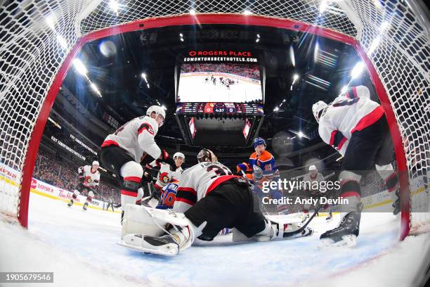 Anton Forsberg of the Ottawa Senators makes a save during the game against the Edmonton Oilers at Rogers Place on January 06 in Edmonton, Alberta,...