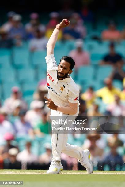 Hasan Ali of Pakistan bowls during day two of the Men's Third Test Match in the series between Australia and Pakistan at Sydney Cricket Ground on...