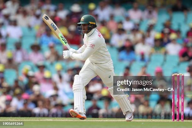 Usman Khawaja of Australia plays a shot during day two of the Men's Third Test Match in the series between Australia and Pakistan at Sydney Cricket...