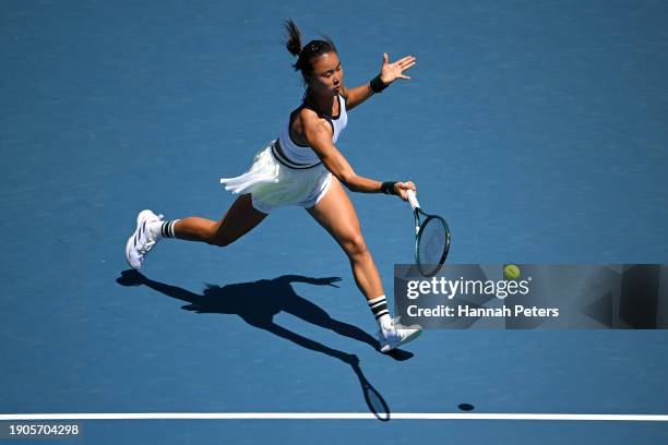 Yue Yuan of China plays a forehand in her match against Petra Martic of Croatia during the 2024 Women's ASB Classic at ASB Tennis Centre on January...