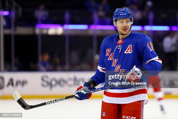 Artemi Panarin of the New York Rangers skates during warm up prior to the game against the Carolina Hurricanes at Madison Square Garden on January 2,...