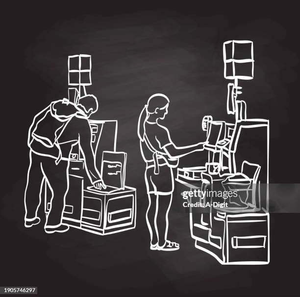 self-checkout times two blackboard - self checkout line stock illustrations