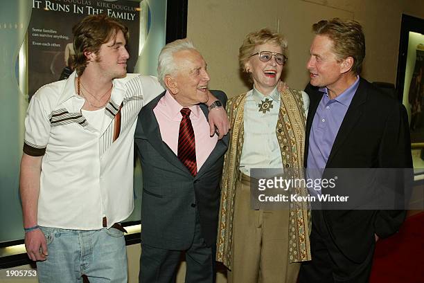 Actors Cameron Douglas, Kirk Douglas, Diana Douglas and Michael Douglas pose at the premiere of "It Runs In The Family" at the Bruin Theater on April...