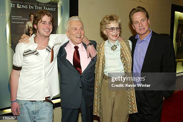 Actors Cameron Douglas, Kirk Douglas, Diana Douglas and Michael Douglas pose at the premiere of "It Runs In The Family" at the Bruin Theater on April...