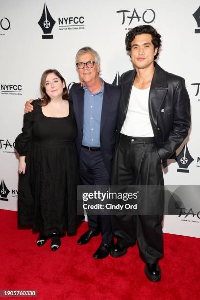 Samy Burch, Todd Haynes and Charles Melton attend the 2024 New York Film Critics Circle Awards at TAO Downtown on January 03, 2024 in New York City.