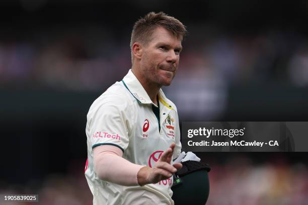 David Warner of Australia acknowledges the crowd after being dismissed by Agha Salman of Pakistan during day two of the Men's Third Test Match in the...