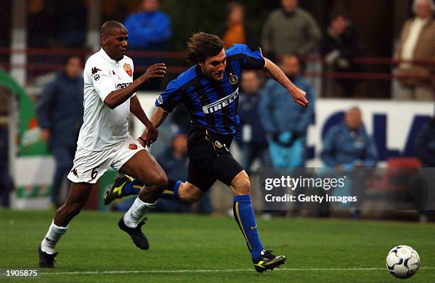 Christian Vieri of Inter Milan goes past Aldair of Roma during the Serie A match between Inter Milan and Roma, played at the Giuseppe Meazza San Siro...