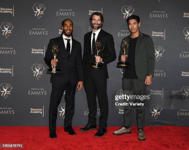 Lateef Crowder, Paul Darnell and Ryan Ryusaki at the 75th Creative Arts Emmy Awards held at the Peacock Theater at L.A. Live on January 6, 2023 in...