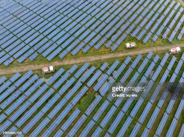aerial photography of solar power plant on rice fields - 浙江省 - fotografias e filmes do acervo