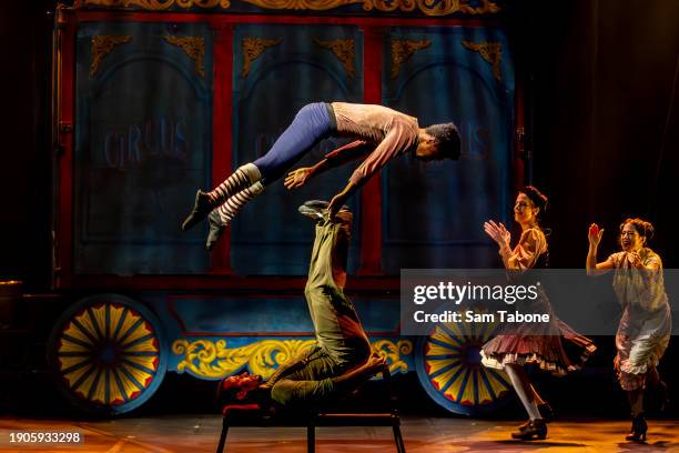 The Daring Desafios during a media preview of "Circus 1903" at Arts Centre Melbourne on January 04, 2024 in Melbourne, Australia.