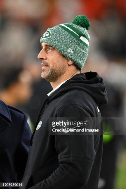 Aaron Rodgers of the New York Jets looks on prior to a game against the Cleveland Browns at Cleveland Browns Stadium on December 28, 2023 in...