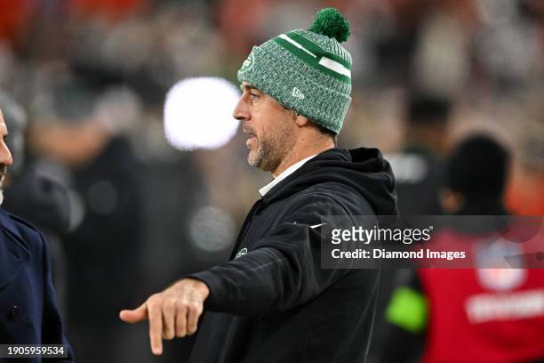 Aaron Rodgers of the New York Jets looks on prior to a game against the Cleveland Browns at Cleveland Browns Stadium on December 28, 2023 in...
