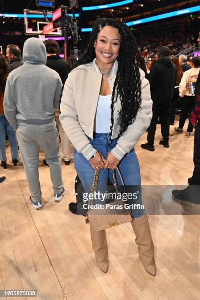 Actress Crystal Renee Hayslett attends the game between the Oklahoma City Thunder and the Atlanta Hawks at State Farm Arena on January 03, 2024 in...