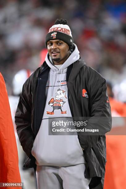 Deshaun Watson of the Cleveland Browns looks on during the second half against the New York Jets at Cleveland Browns Stadium on December 28, 2023 in...