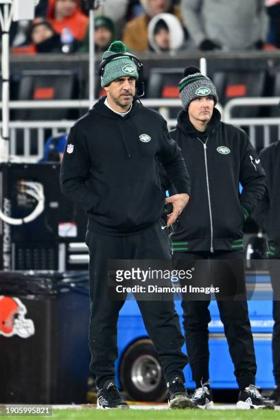 Aaron Rodgers of the New York Jets looks on during the second half against the Cleveland Browns at Cleveland Browns Stadium on December 28, 2023 in...