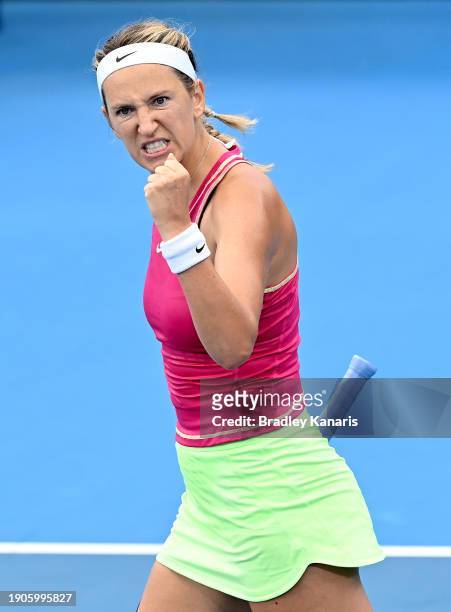 Victoria Azarenka of Belarus celebrates victory after her match against Clara Burel of France during day five of the 2024 Brisbane International at...