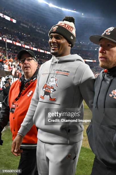 Deshaun Watson of the Cleveland Browns celebrates the team's 37-20 win over the New York Jets at Cleveland Browns Stadium on December 28, 2023 in...