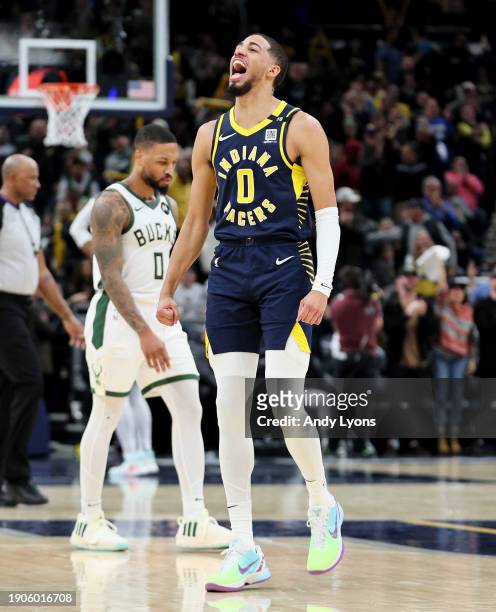 Tyrese Haliburton of the Indiana Pacers celebrates in the fourth quarter of the 142-130 win against the Milwaukee Bucks at Gainbridge Fieldhouse on...