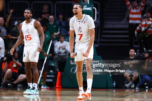 Kyshawn George of the Miami Hurricanes reacts during the second half against the Clemson Tigers at Watsco Center on January 03, 2024 in Coral Gables,...