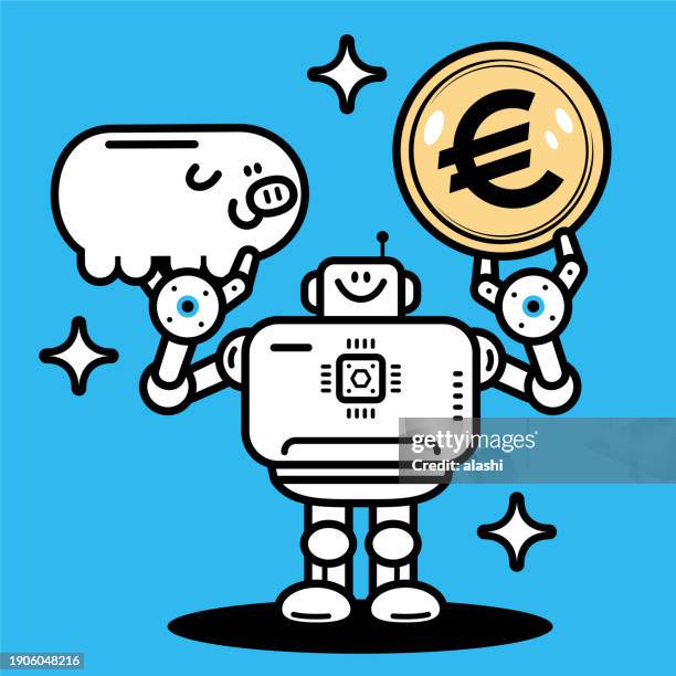 illustrazioni stock, clip art, cartoni animati e icone di tendenza di un robot con intelligenza artificiale tiene in mano denaro e un salvadanaio - digital transformation