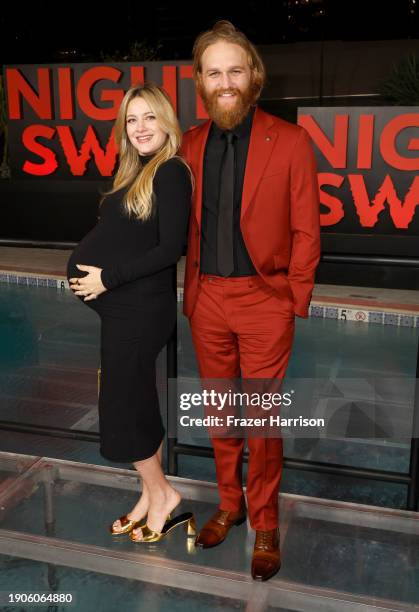 Meredith Hagner and Wyatt Russell attend the Los Angeles premiere of Universal Pictures' "Night Swim" at Hotel Figueroa on January 03, 2024 in Los...