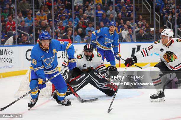 Arvid Soderblom of the Chicago Blackhawks plays in goal against the St. Louis Blues at Enterprise Center on December 23, 2023 in St Louis, Missouri.