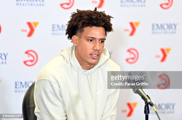 Jalen Johnson of the Atlanta Hawks speaks during a press conference after the game against the Oklahoma City Thunder at State Farm Arena on January...