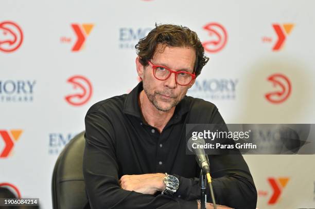 Head coach Quin Snyder of the Atlanta Hawks speaks during a press conference after the game against the Oklahoma City Thunder at State Farm Arena on...