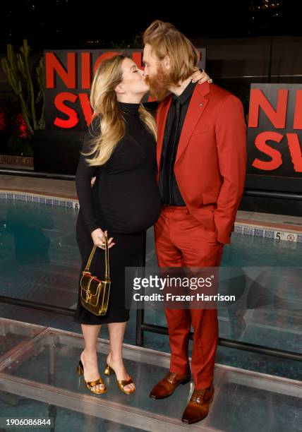 Meredith Hagner and Wyatt Russell attend the Los Angeles premiere of Universal Pictures' "Night Swim" at Hotel Figueroa on January 03, 2024 in Los...