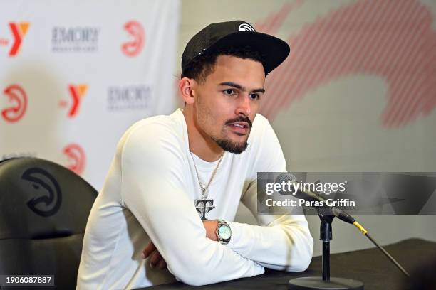 Trae Young of the Atlanta Hawks speaks during a press conference after the game against the Oklahoma City Thunder at State Farm Arena on January 03,...