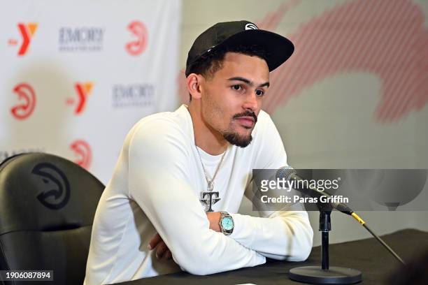 Trae Young of the Atlanta Hawks speaks during a press conference after the game against the Oklahoma City Thunder at State Farm Arena on January 03,...