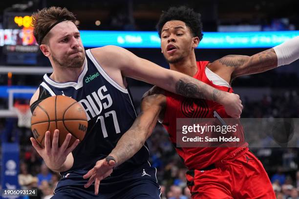 Luka Doncic of the Dallas Mavericks controls the ball against Anfernee Simons of the Portland Trail Blazers in the second half at American Airlines...