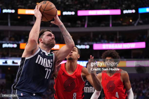 Luka Doncic of the Dallas Mavericks makes a move to the basket in front of Kris Murray of the Portland Trail Blazers during the second half at...