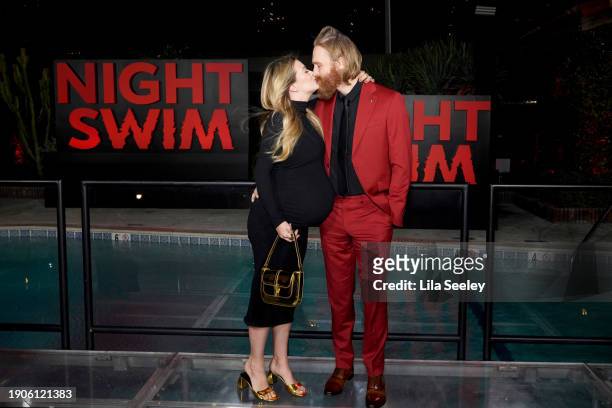 Meredith Hagner and Wyatt Russell attend the Los Angeles Premiere Of Universal Pictures' "Night Swim" at Hotel Figueroa on January 03, 2024 in Los...