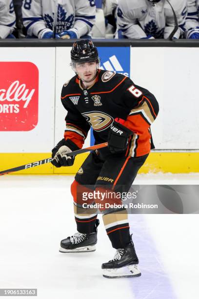 Jamie Drysdale of the Anaheim Ducks skates on the ice during the second period against the Toronto Maple Leafs at Honda Center on January 3, 2024 in...