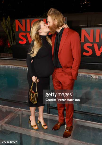 Meredith Hagner and Wyatt Russell attend the Los Angeles premiere of Universal Pictures' "Night Swim" at Hotel Figueroa on January 03, 2024 in Los...