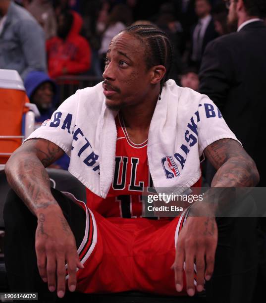 DeMar DeRozan of the Chicago Bulls reacts on the bench during the second half against the New York Knicks at Madison Square Garden on January 03,...