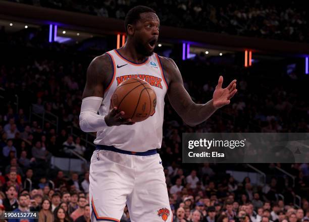 Julius Randle of the New York Knicks reacts after he is called for a foul during the second half against the Chicago Bulls at Madison Square Garden...