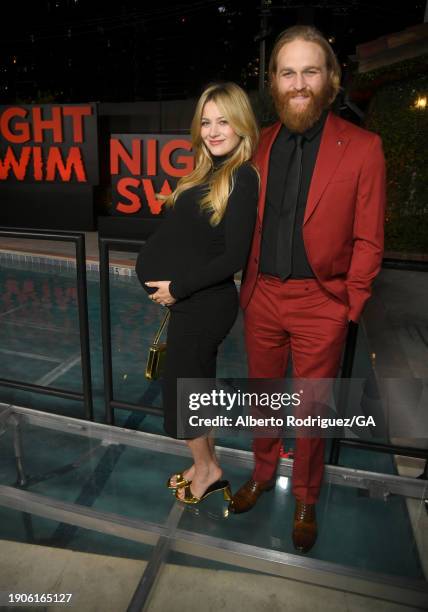 Meredith Hagner and Wyatt Russell attend the Los Angeles premiere of Universal Pictures' "Night Swim" at Hotel Figueroa on January 03, 2024 in Los...