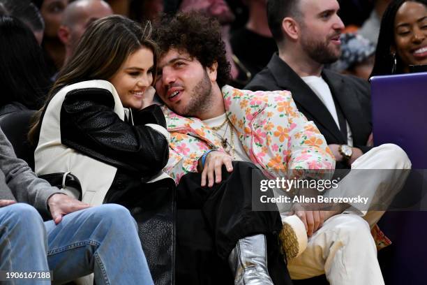 Selena Gomez and Benny Blanco attend a basketball game between the Los Angeles Lakers and the Miami Heat at Crypto.com Arena on January 03, 2024 in...