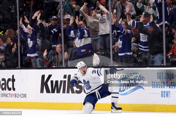 Auston Matthews of the Toronto Maple Leafs reacts after scoring the winning goal during overtime of a game against the Anaheim Ducks at Honda Center...