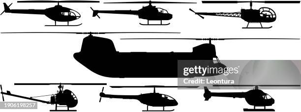 illustrazioni stock, clip art, cartoni animati e icone di tendenza di helicopter silhouettes - elicottero militare