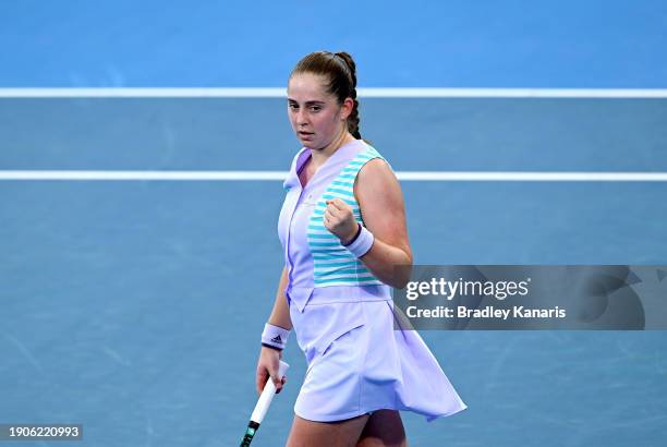 Jelena Ostapenko of Latvia celebrates victory after her match against Karolina Pliskova of the Czech Republic during day five of the 2024 Brisbane...