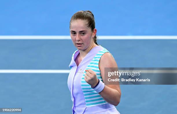 Jelena Ostapenko of Latvia celebrates victory after her match against Karolina Pliskova of the Czech Republic during day five of the 2024 Brisbane...